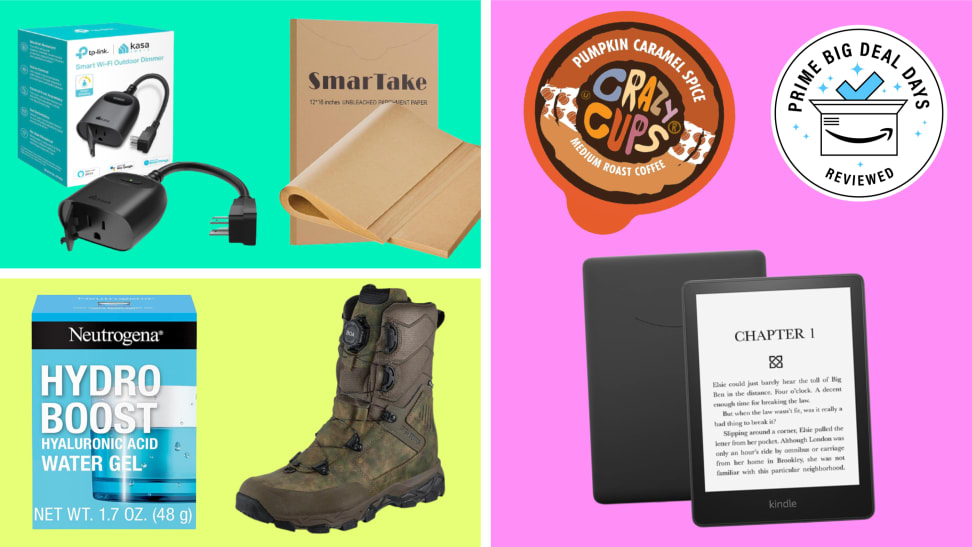 A colored background with images of a smart plug, parchment paper, face moisturizer, hunting boots, a coffee pod, and a Kindle.