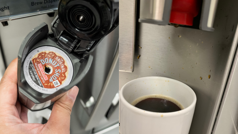 A person inserts a coffee pod into its dispenser and then at left coffee splashes up onto the stainless back of the dispenser