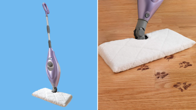 Photo collage of the Shark S3501 Steam Pocket Mop and cleaning up muddy paw prints off of a hardwood floor.