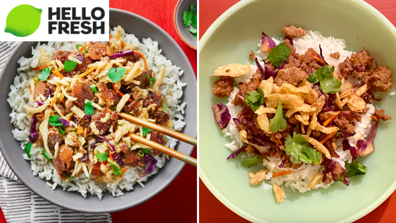 A professional and tester's side-by-side photos of rice, meat, and veggies.