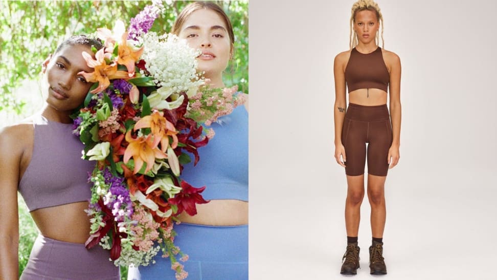 two women holding bouquet of flowers, woman standing in Girlfriend Collective clothing