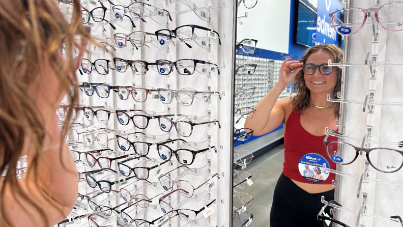 Jessica Roderick tries on eyeglasses at Sam's Club