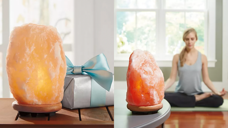 A Himalayan salt lamp sits inside a home.