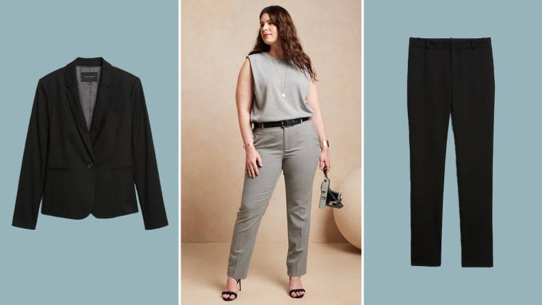 a black blazer and top, grey trousers and black heels  Stylish work  outfits, Interview outfit, Best interview outfits