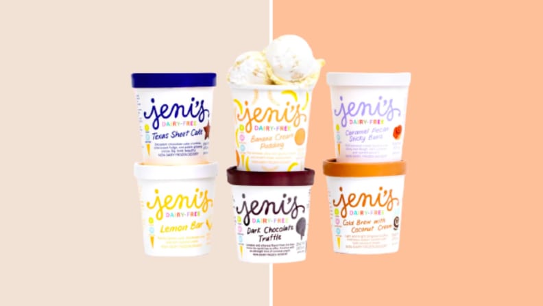 Pints of dairy free ice cream stacked on top of each other.