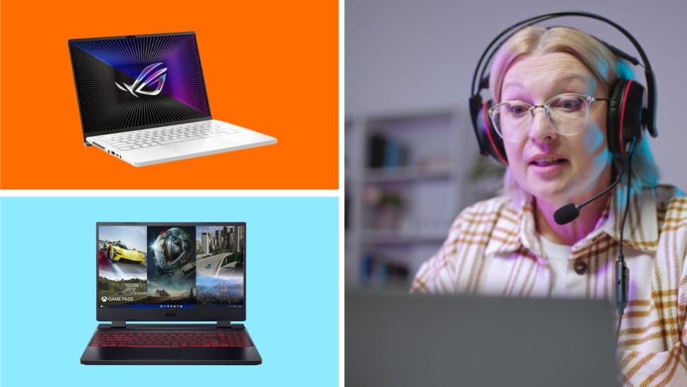Two gaming laptops in front of colored backgrounds next to someone playing on a laptop.