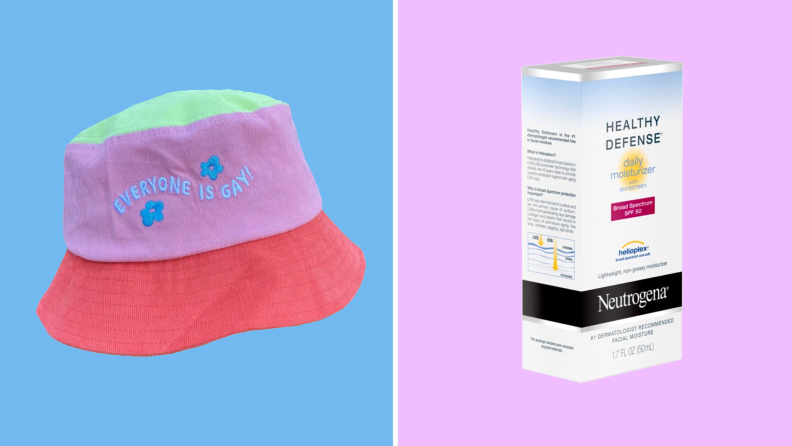 An image of a pink and red bucket hat that reads: "Everyone Is Gay" next to an image of a box for a Neutrogena SPF moisturizer.