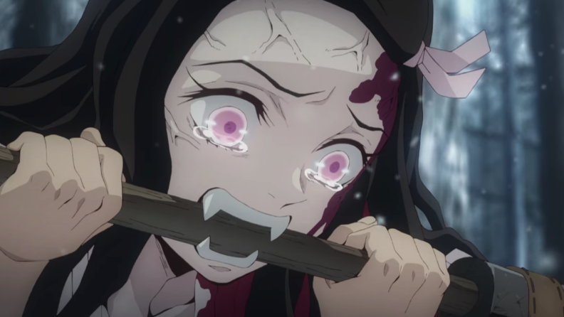 An image of Nezuko from Demon Slayer attacking her brother.