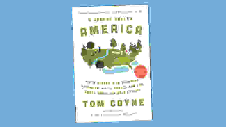 “A Course Called America: Fifty States, Five Thousand Fairways, and the Search for the Great American Golf Course” by Tom Coyne on a blue background.