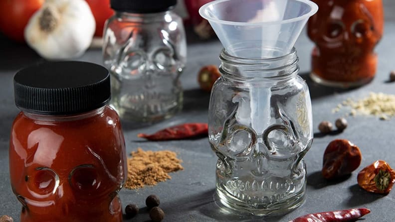Hot sauce in skull-shaped jars.
