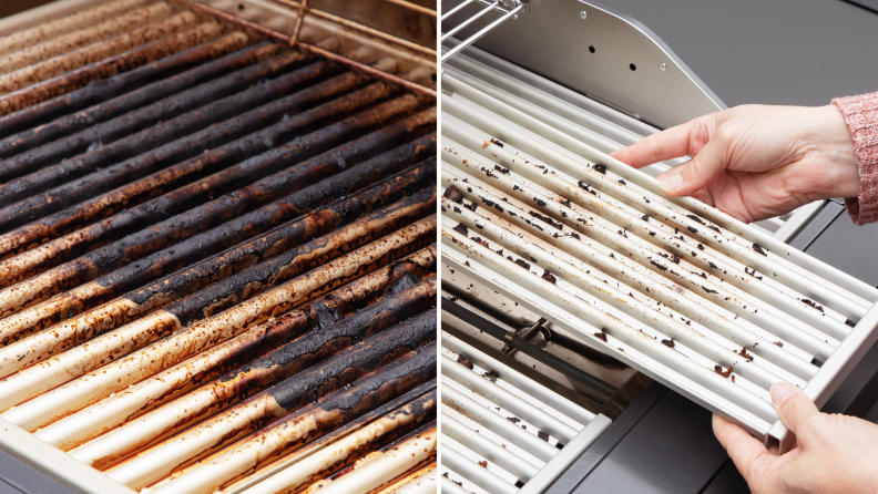 Two photos of the current grill grates, one very dirty and the other cleaner.