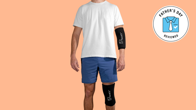 A man wears two TheraICE sleeves, one on his arm and one on his elbow.