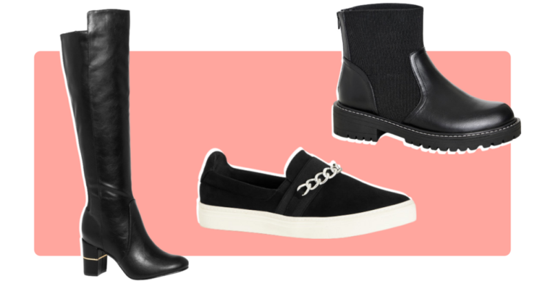A black thigh-high boot, a black sneaker with chain detail, and a black ankle boot.