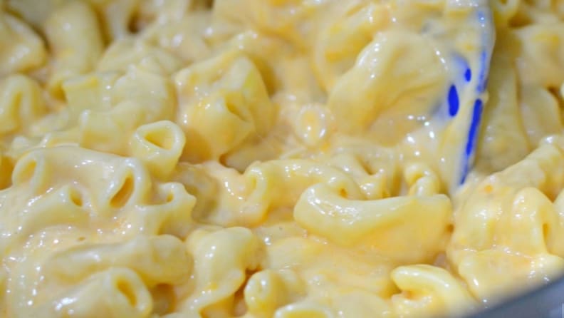 Close-up shot of creamy macaroni and cheese.