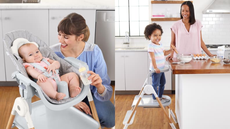On the left: A baby in a reclined high chair with a mom holding a bottle. On the right: A toddler stands on a high chair at a kitchen counter with his mom looking on.