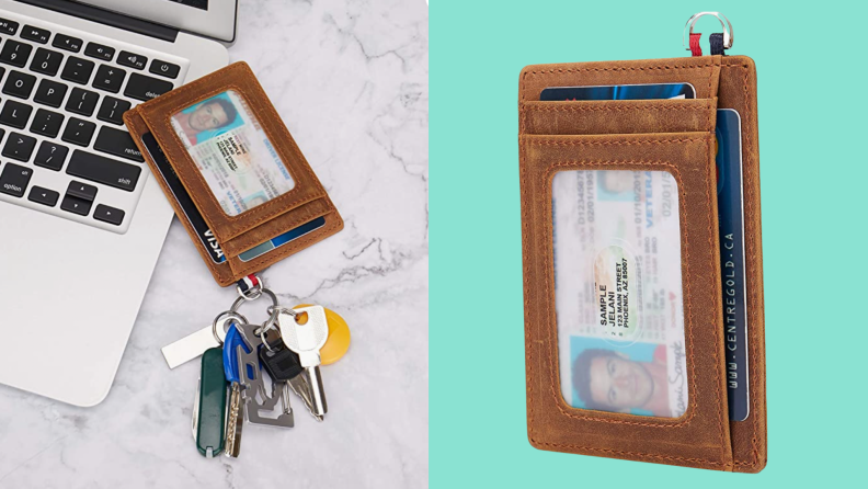 A small wallet with an ID holder and keys attached.