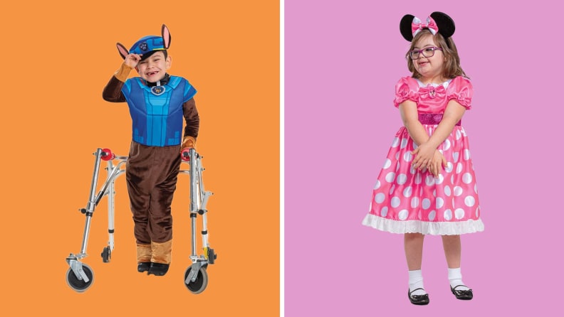 On left, child using walker while wearing Paw Patrol Halloween costume. On right, small child wearing Minnie Mouse Halloween costume.