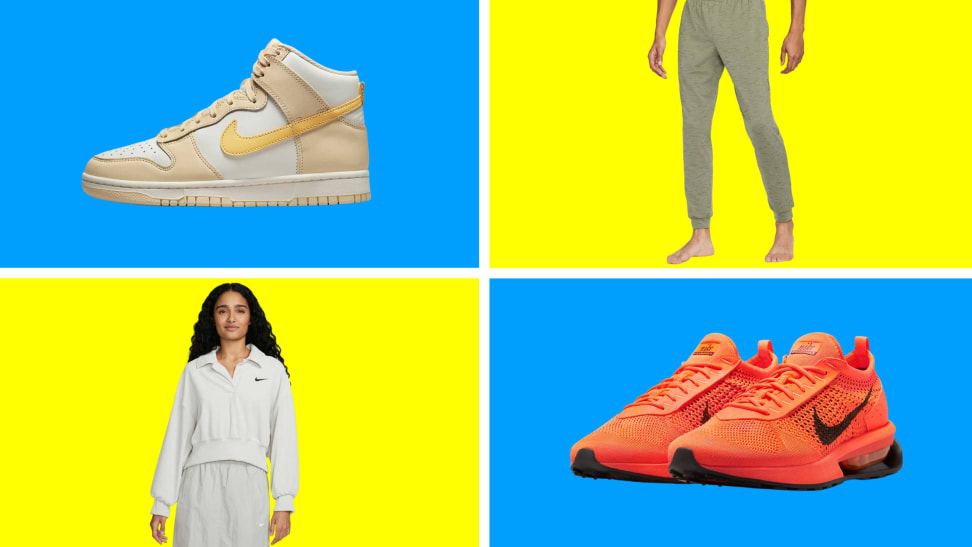 A collection of Nike shoes and apparel in front of colored backgrounds.