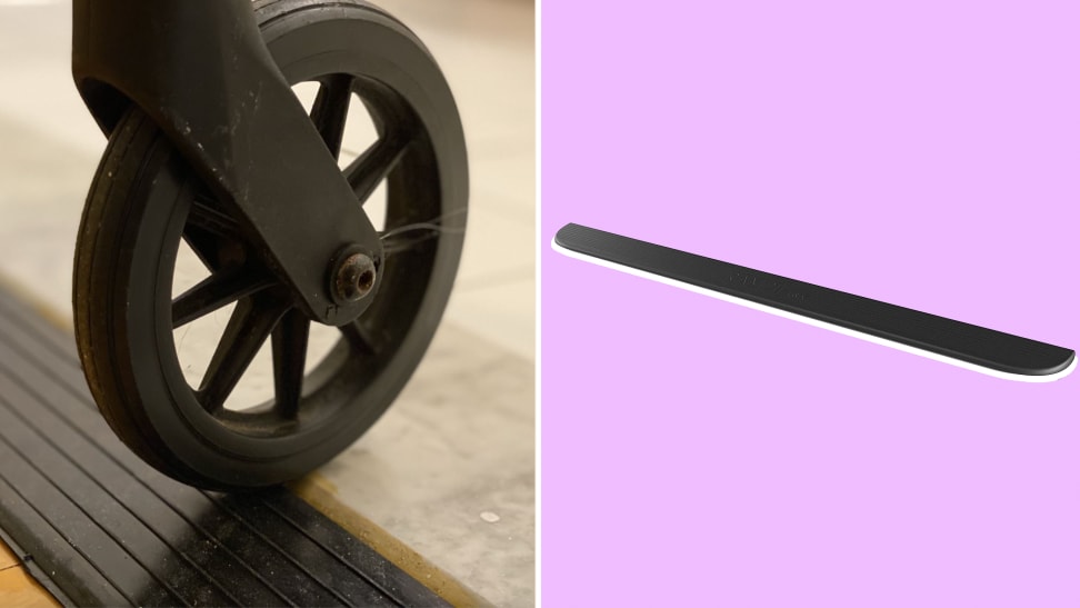 On left, wheel of wheelchair rolling over Rampit Empower Series Rubber Threshold Ramp. On right, product shot of the Rampit Empower Series Rubber Threshold Ramp.