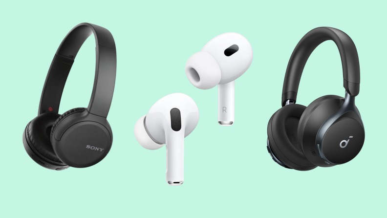 Sony, Apple, and Anker wireless headphones side-by-side on a green background.