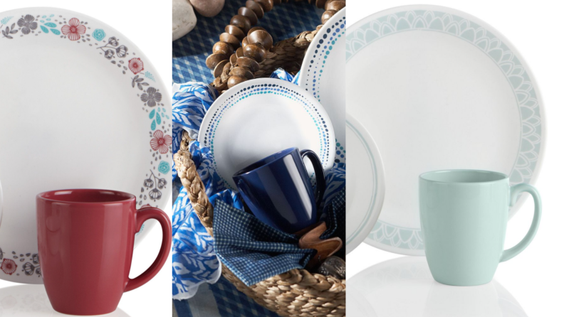 On left, brick colored mug next to multi-colored white plate. In middle, navy blue mug sitting in basket next to blue and white patterned plates. On right, aqua colored mug sitting next to white and aqua plate.