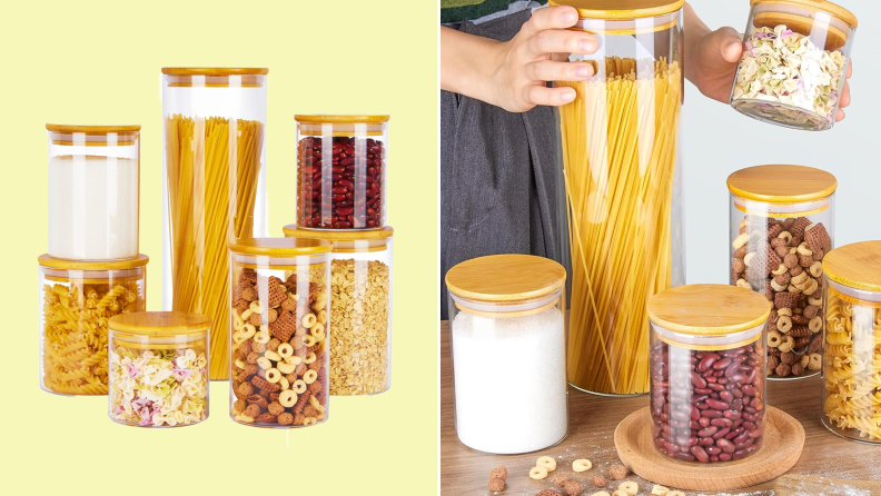 Person picking up assorted airtight storage containers with lids on top filled with dried foods like pasta, cereal and oats.
