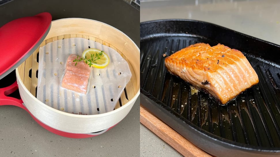 On left, fish cooking inside of wooden steamer on top of red Always Pan. On right, salmon cooking inside of black grill pan.
