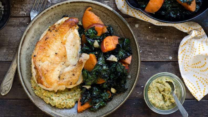 Sun Basket dinner of chicken, kale, and roasted squash.