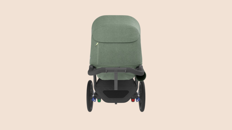 View of the rear of the Uppababy Ridge Jogging Stroller in green.