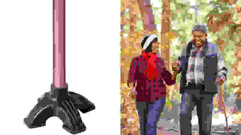 On left, three-legged tip of cane. On right, elderly couple walking together using cane.