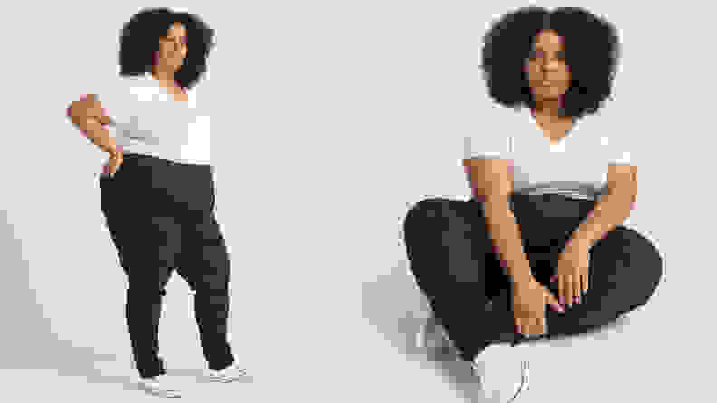 Left: Black US model wearing white tshirt and Seine dark blue skinny jeans standing sideways with hand on hips in front of a grey background, Right: same model sitting on the floor crosslegged in front of a grey background