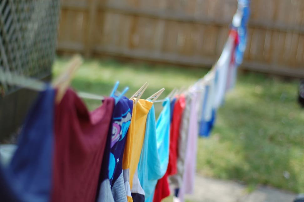 A clothesline full of hanging clothes