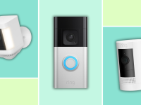 A selection of Ring cameras and doorbells, including outdoor, indoor, and video doorbell models, displayed on a colorful background.