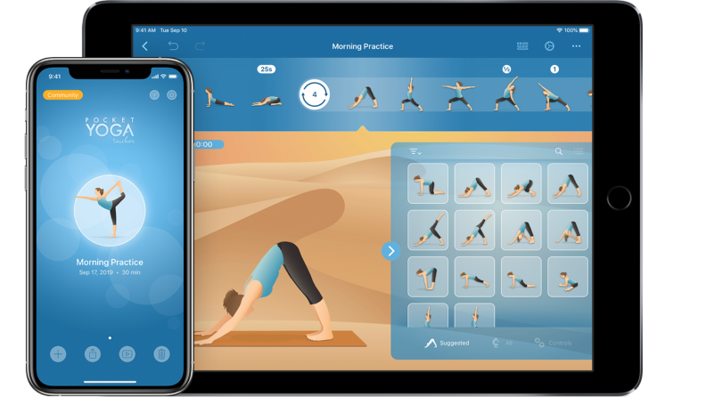 Smartphone next to tablet with yoga app opened on both.