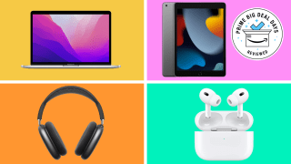 Discounted Apple products on an orange and purple collage.