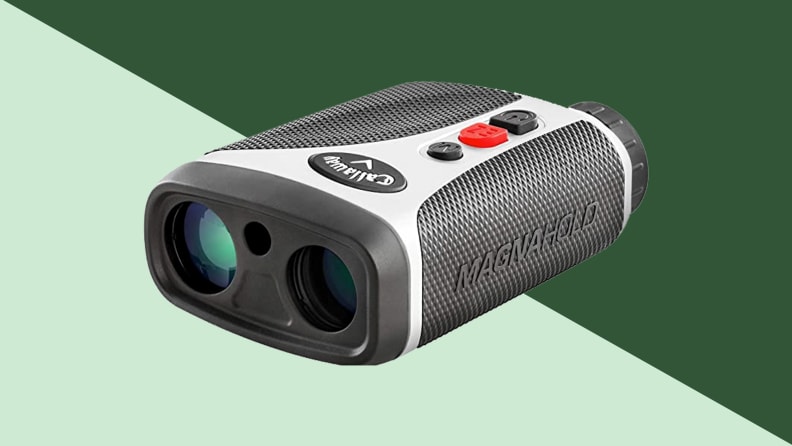 An image of a Callaway golf rangefinder on a pale green and dark green background.