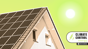 Cartoon graphic of the sun hanging over the roof a suburban home.