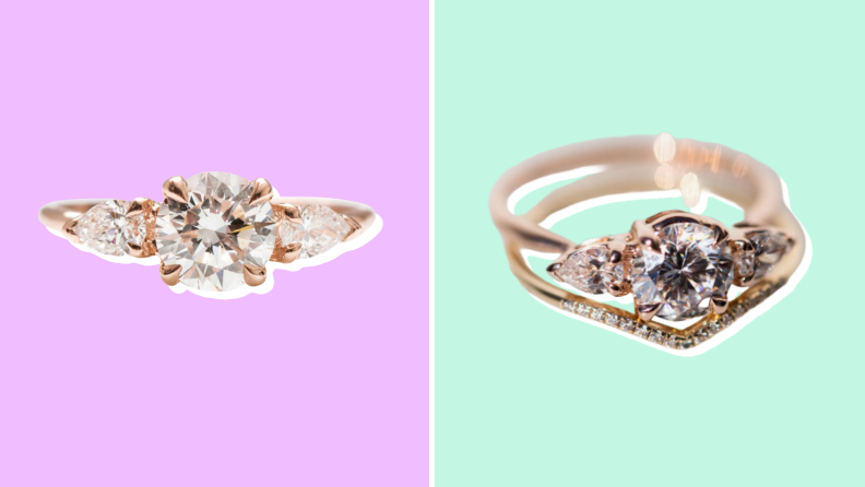 Collage of an engagement ring from Catbird shown from two different angles.
