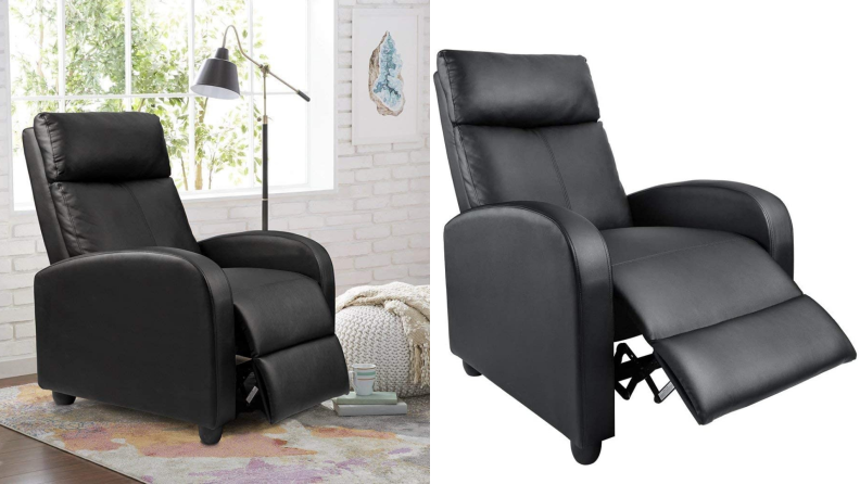 On left, black leather chair sitting in bright living room. On right, black leather chair's foot rest extended outward.