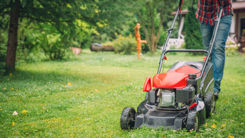 Person pushing a red lawnmower on grass