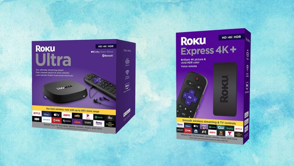 Roku streaming device boxes against a sky blue background