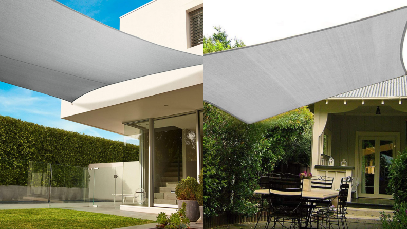 Patio shade sails, outdoors.