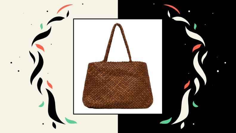 A woven brown leather tote bag.