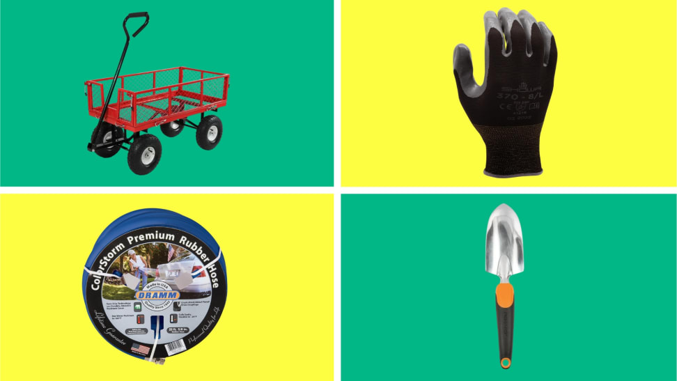 A collection of various gardening tools on sale in front of colored backgrounds.