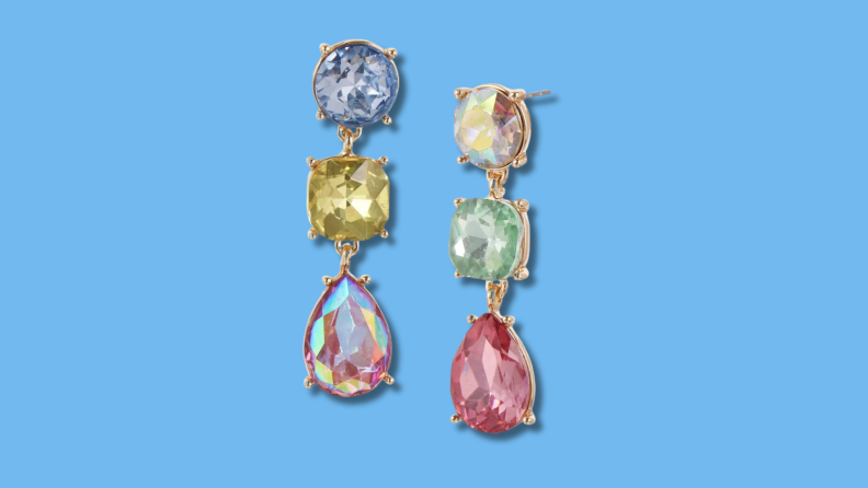 The Multicolor Triple Drop Earrings features blue, yellow, green, pink, and multicolor stones.