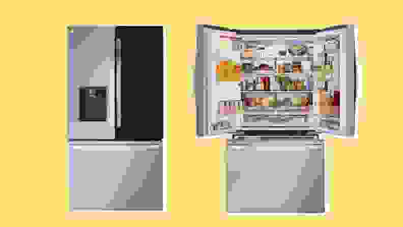 Two model displays of the LG LRF0C2606S, one closed and another with its doors open filled with food.
