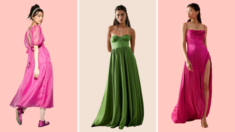 Collage image of a hot pink midi dress, a green gown, and a pink silk slip-style gown.