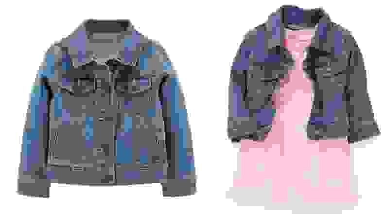 Image of a denim jacket next to image of a denim jacket around a pink dress