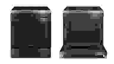 Left: A black stainless steel electric range against a white background. Right: That same range with the oven door open.