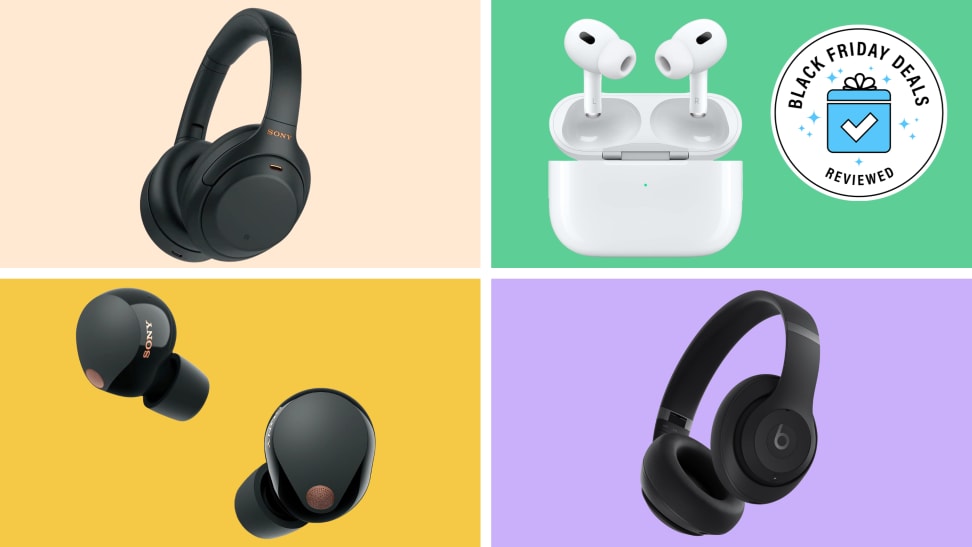 Headphones and earbuds on a colored background